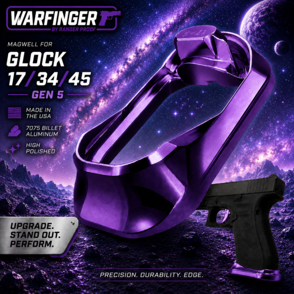 WARFINGER by Ranger Proof for GLOCK 17 / 34 / 45 ENHANCED PURPLE BILLET ALUMINUM MAGWELL – FITS GEN 5 OEM FACTORY FRAMES