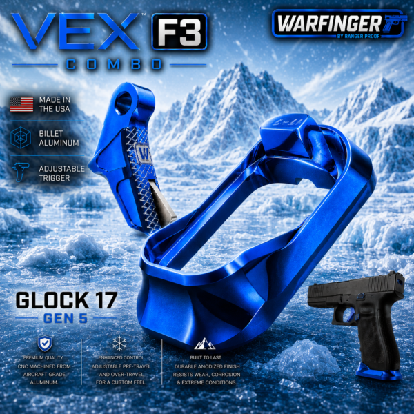 WARFINGER by Ranger Proof for GLOCK 17 / 34 / 45 ENHANCED BLUE BILLET ALUMINUM MAGWELL + VEX F3 ADJUSTABLE TRIGGER – FITS GEN 5 OEM FACTORY FRAMES