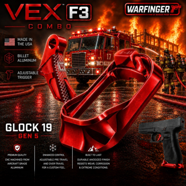 WARFINGER by Ranger Proof for GLOCK 19 / 23 / 44 ENHANCED ANODIZED RED BILLET ALUMINUM MAGWELL + VEX F3 ADJUSTABLE TRIGGER – FITS GEN 5 OEM FACTORY FRAMES
