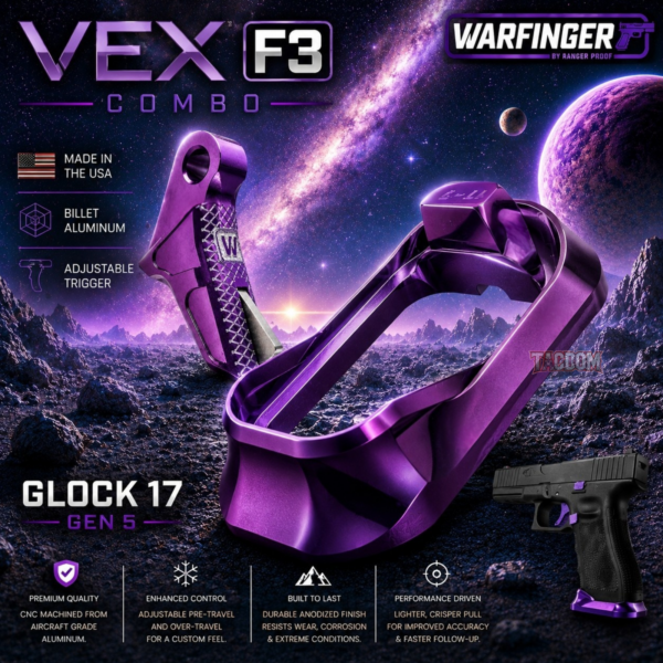 WARFINGER by Ranger Proof for GLOCK 17 / 34 / 45 ENHANCED PURPLE BILLET ALUMINUM MAGWELL + VEX F3 ADJUSTABLE TRIGGER – FITS GEN 5 OEM FACTORY FRAMES