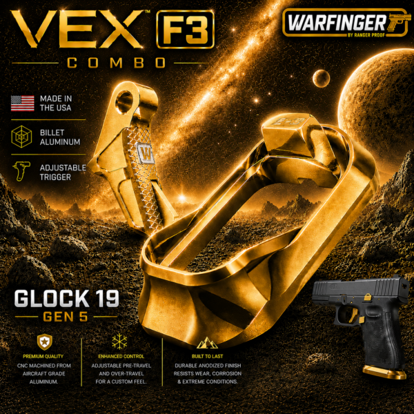 WARFINGER by Ranger Proof for GLOCK 19 / 23 / 44 ENHANCED ANODIZED GOLD BILLET ALUMINUM MAGWELL + VEX F3 ADJUSTABLE TRIGGER – FITS GEN 5 OEM FACTORY FRAMES