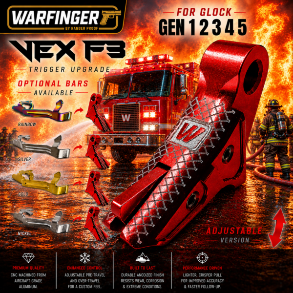 WARFINGER by RANGER PROOF / JOHNNY GLOCK COLLABORATION VEX F3  "INFERNO RED "ADJUSTABLE VERSION" TRIGGER for GLOCK GEN 1 2 3 4 5 - 17 19 19X 20 21 22 23 24 26 27 31 32 33 34 35 37 36 38 39 43 43x 45 48