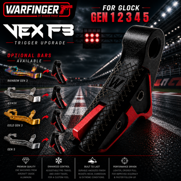 WARFINGER by RANGER PROOF / JOHNNY GLOCK COLLABORATION VEX F3  "BLACK / RED TWO TONE" ADJUSTABLE VERSION" TRIGGER for GLOCK GEN 1 2 3 4 5 - 17 19 19X 20 21 22 23 24 26 27 31 32 33 34 35 37 36 38 39 43 43x 45 48