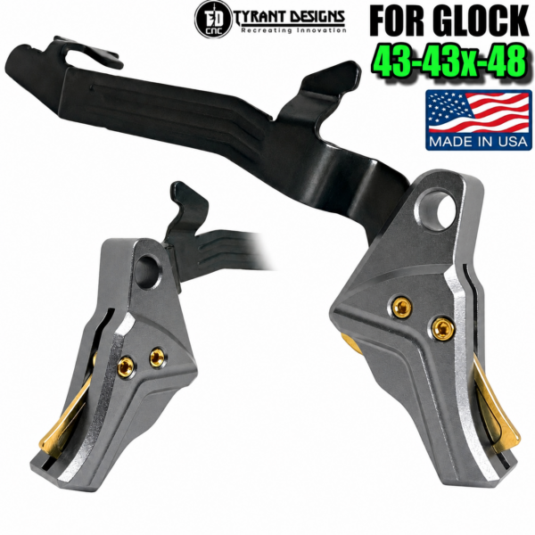 TYRANT DESIGNS I.T.T.S GREY TRIGGER GOLD Safety with BLACK STEALTH BAR for Glock 43 - 43x - 48 MODELS