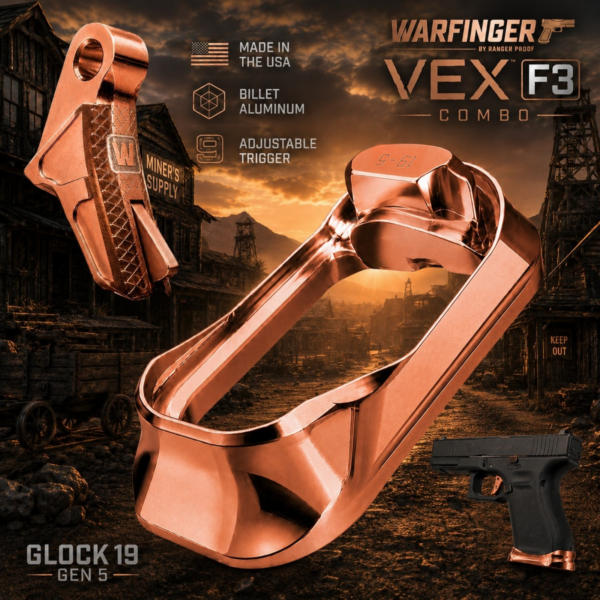 WARFINGER by Ranger Proof for GLOCK 19 / 23 / 44 ENHANCED ANODIZED COPPER BILLET ALUMINUM MAGWELL + VEX F3 ADJUSTABLE TRIGGER – FITS GEN 5 OEM FACTORY FRAMES