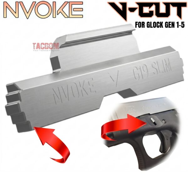 NVOKE For GLOCK GEN 1 2 3 4 5 EXTENDED "V-CUT" PATTERN SLIDE LOCK TAKE DOWN - 316 STAINLESS - SILVER