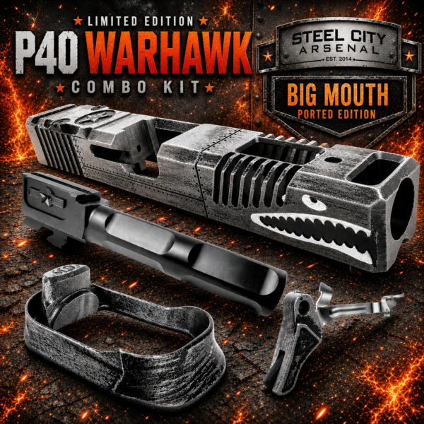 STEEL CITY ARSENAL LIMITED EDITION COLOR KIT - BATTLEWORN GREY - P40 WARHAWK "EXTENDED + PORTED" SLIDE for GLOCK 19 GEN 3 - COLOR FILL SNARL - P40 BARREL - MATCHING TRIGGER - BILLET ALUMINUM MAGWELL