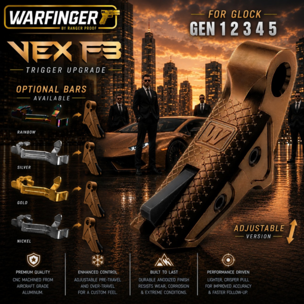 WARFINGER by RANGER PROOF / JOHNNY GLOCK COLLABORATION VEX F3 BURNT BRONZE ADJUSTABLE VERSION TRIGGER for GLOCK GEN 1 2 3 4 5 - 17 19 19X 20 21 22 23 24 26 27 31 32 33 34 35 37 36 38 39 43 43x 45 48