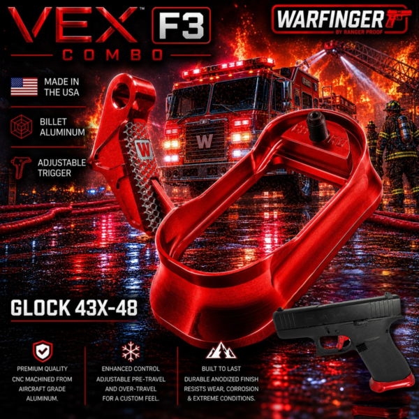 WARFINGER by Ranger Proof for GLOCK 43X/48 ENHANCED RED BILLET ALUMINUM MAGWELL + VEX F3 ADJUSTABLE TRIGGER – FITS OEM FACTORY FRAMES