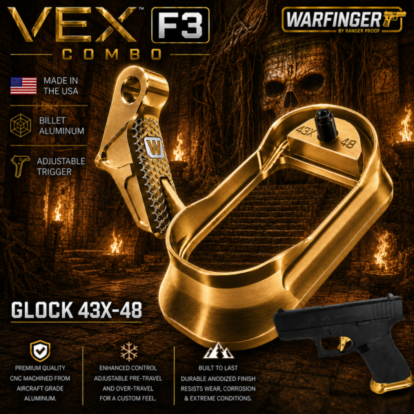 WARFINGER by Ranger Proof for GLOCK 43X/48 ENHANCED GOLD BILLET ALUMINUM MAGWELL + VEX F3 ADJUSTABLE TRIGGER – FITS OEM FACTORY FRAMES