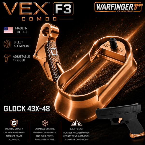 WARFINGER by Ranger Proof for GLOCK 43X/48 ENHANCED COPPER BILLET ALUMINUM MAGWELL + VEX F3 ADJUSTABLE TRIGGER – FITS OEM FACTORY FRAMES