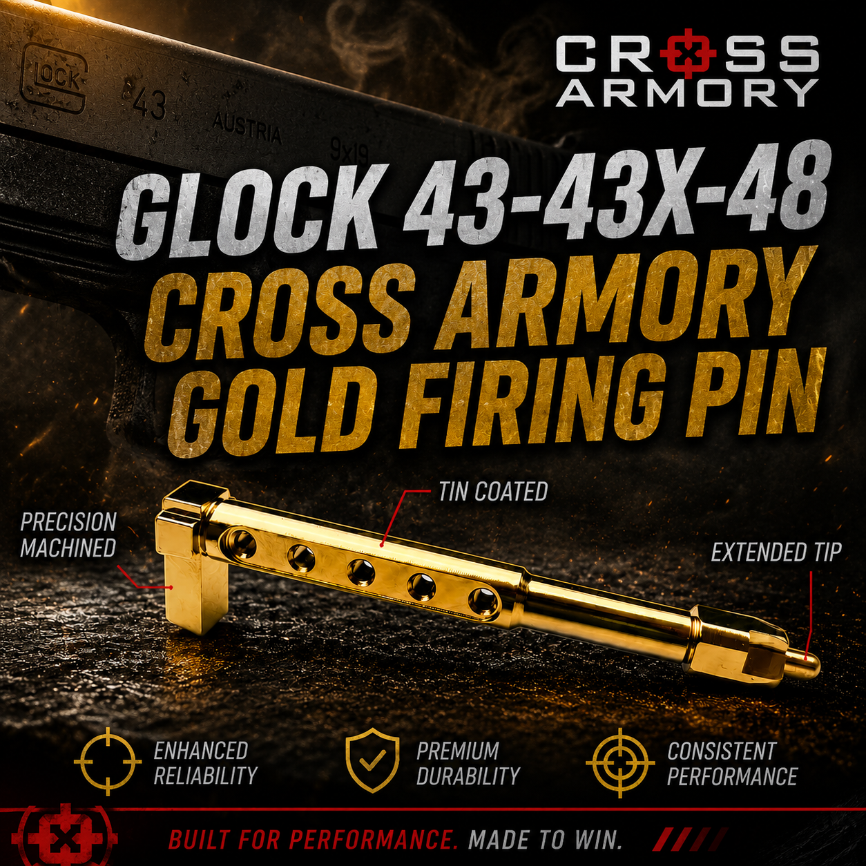 43web CROSS ARMORY for Glock 43 43X 48 STAINLESS STEEL "SWISS TURNED" Skelton PERFORMANCE GOLD TIN Striker - LIGHTER STRONGER - Image 1