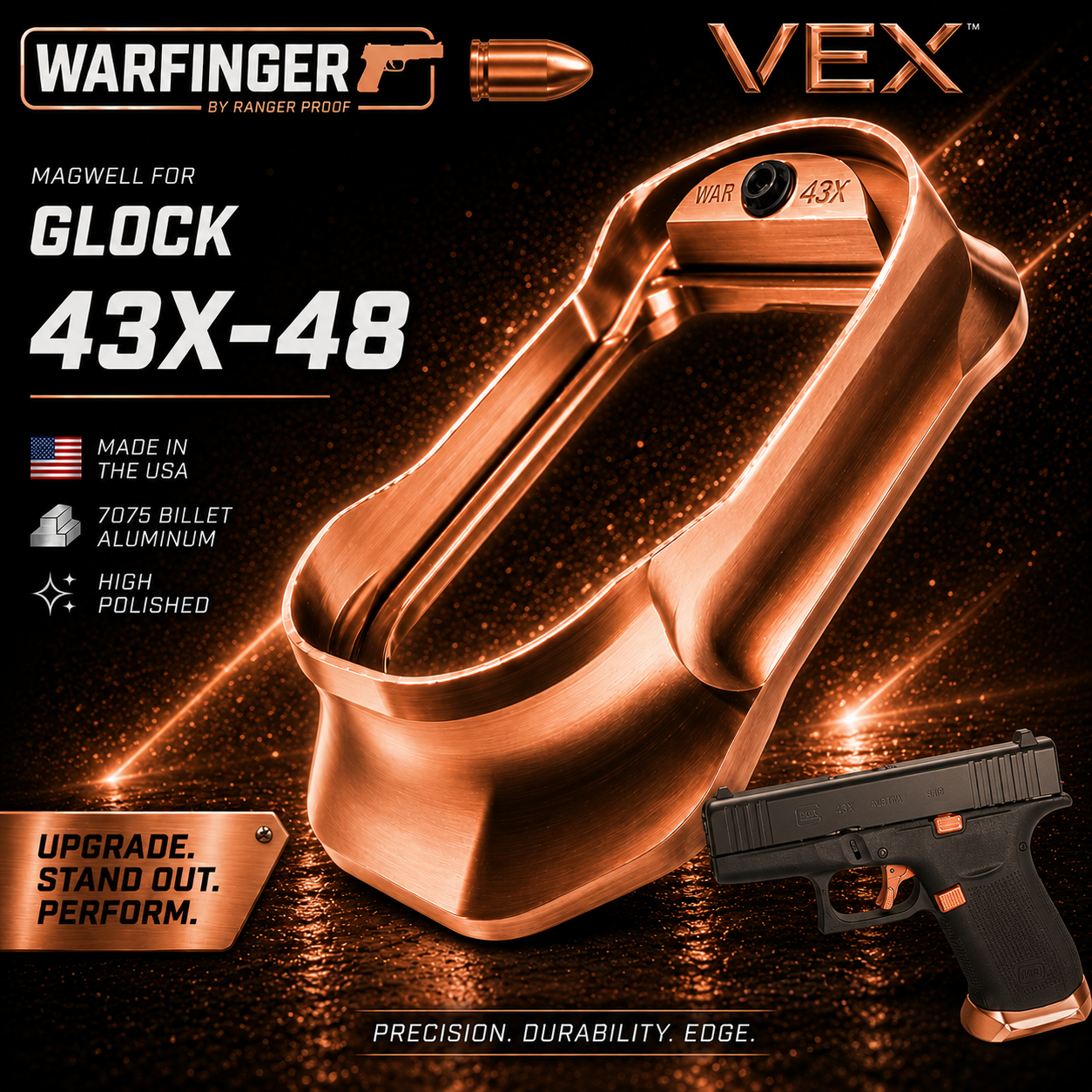 755b46a8-9f82-4ea3-b0d4-40ae14937b6f WARFINGER by Ranger Proof for GLOCK 43X/48 ENHANCED COPPER BILLET ALUMINUM MAGWELL – FITS FACTORY FRAMES - Image 1
