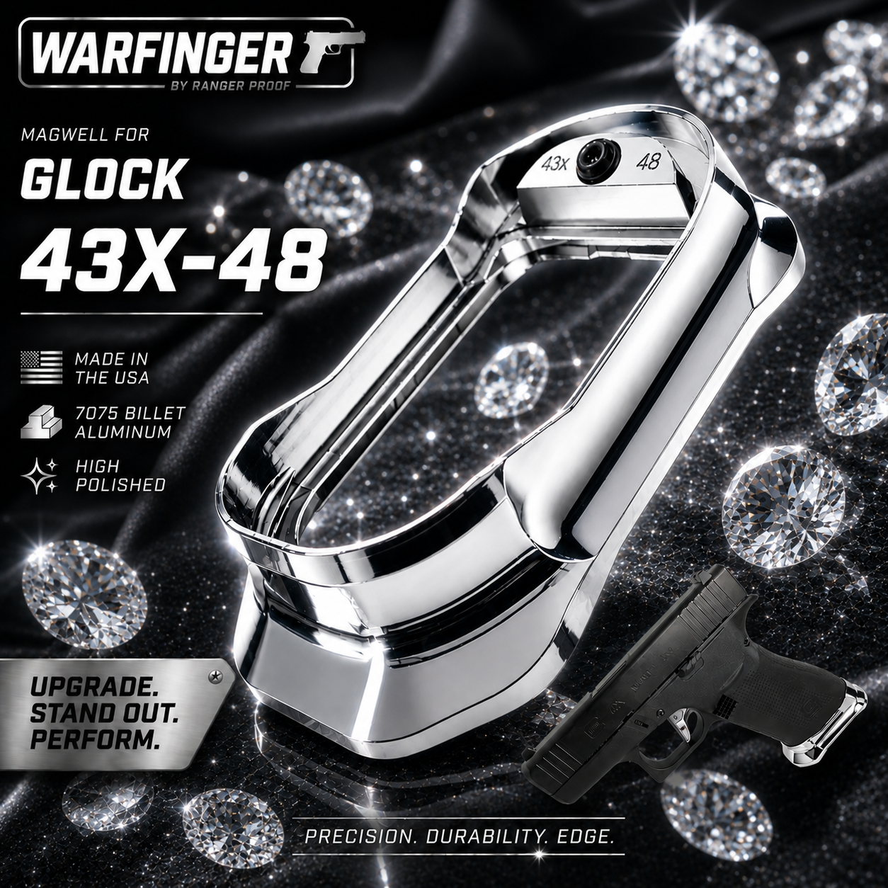 87dadfa8-7411-4c3b-886c-6f9b8b8c7836 WARFINGER by Ranger Proof for GLOCK 43X/48 ENHANCED POLISHED "CHROME LIKE" BILLET SILVER ALUMINUM MAGWELL – FITS FACTORY FRAMES - Image 1