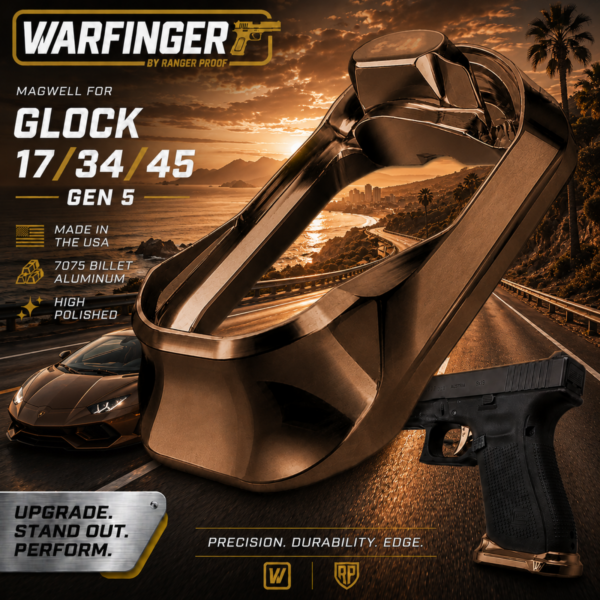 WARFINGER by Ranger Proof for GLOCK 17 / 34 / 45 ENHANCED ANODIZED BRONZE BROWN BILLET ALUMINUM MAGWELL – FITS GEN 5 OEM FACTORY FRAMES