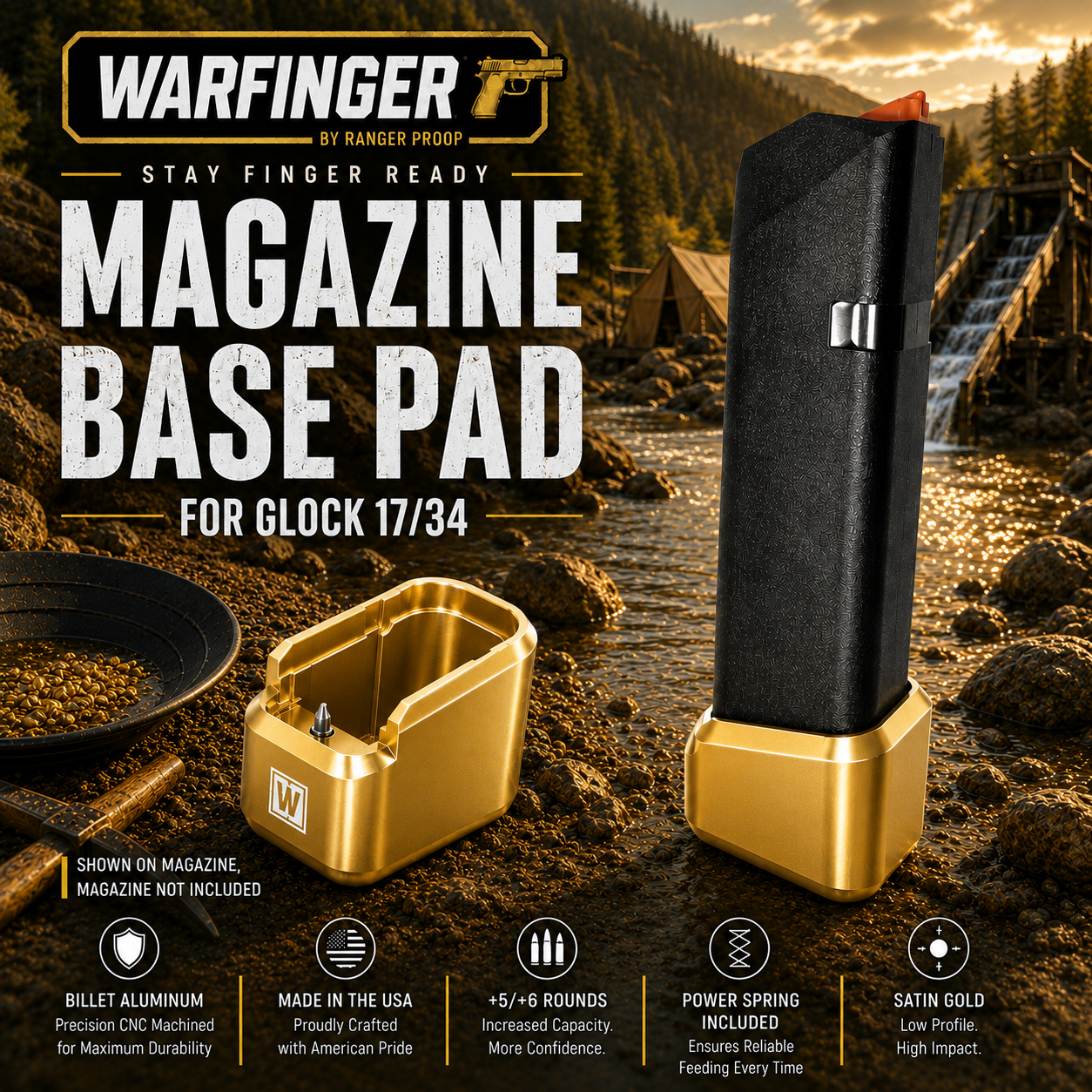 f09bba59-ce00-4abb-9939-4c07e71a686a WARFINGER for Glock 17 34 19X 45 Billet 6061 GOLD Aluminum Grip Extension Magazine Plate Pad +5/+6 round - Image 1
