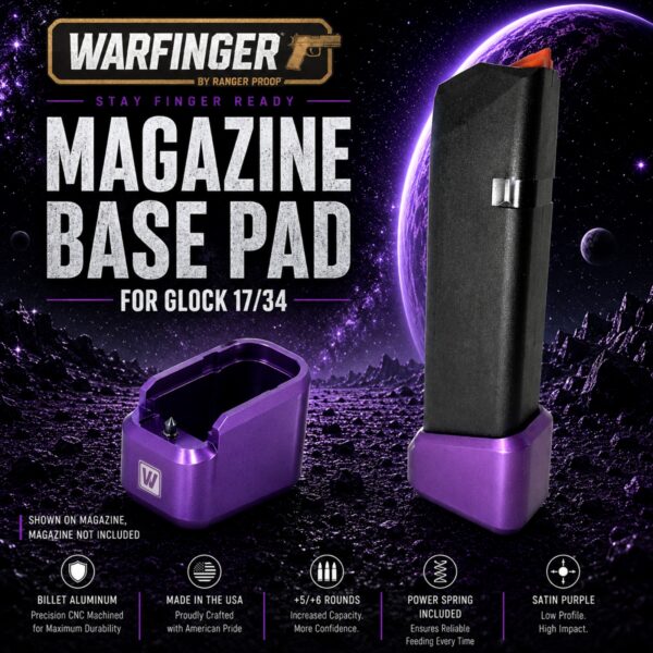 WARFINGER for Glock 17 34 19X 45 Billet 6061 Aluminum ANODIZED PURPLE Grip Extension Magazine Plate Pad +5/+6 round