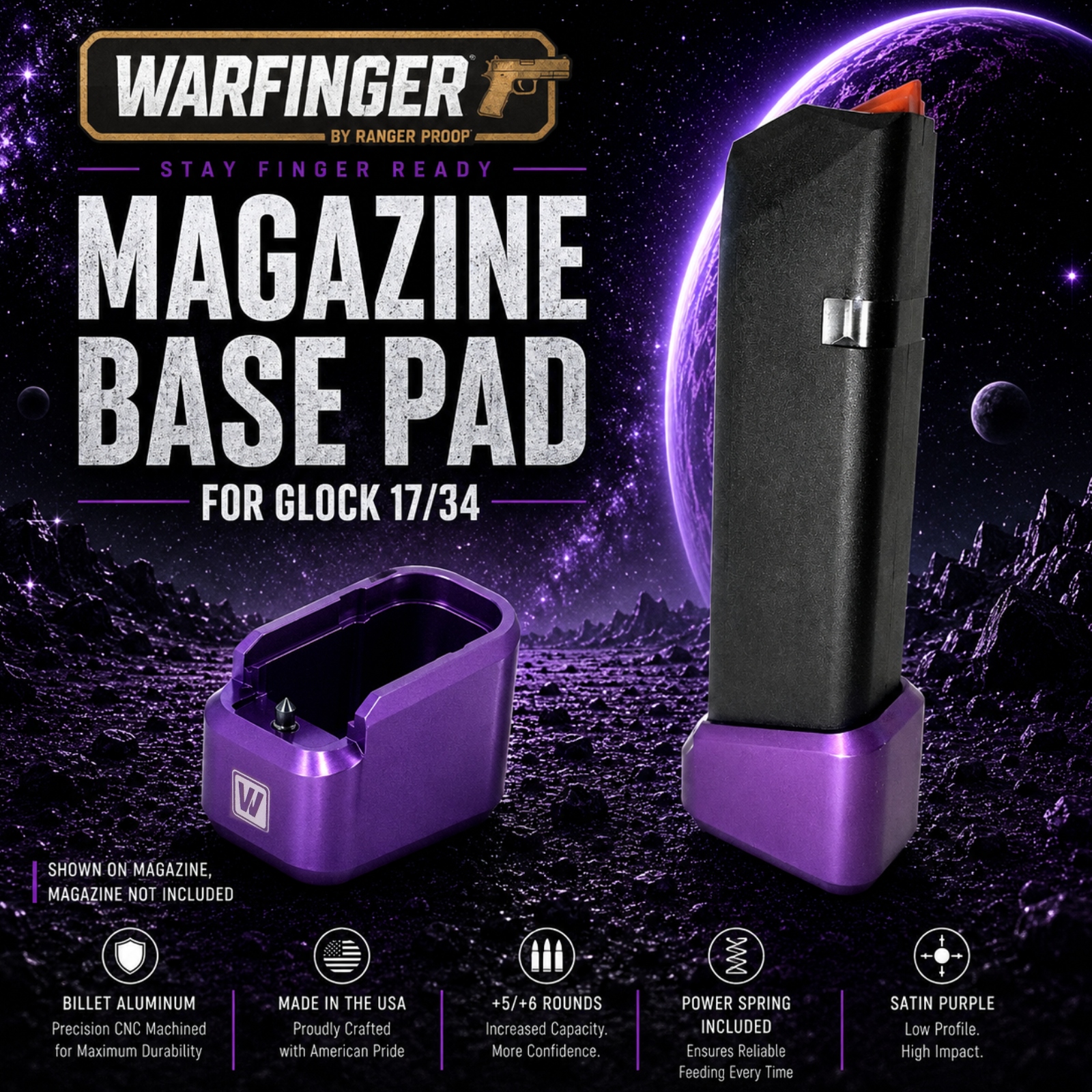 purpuse WARFINGER for Glock 17 34 19X 45 Billet 6061 Aluminum ANODIZED PURPLE Grip Extension Magazine Plate Pad +5/+6 round - Image 1