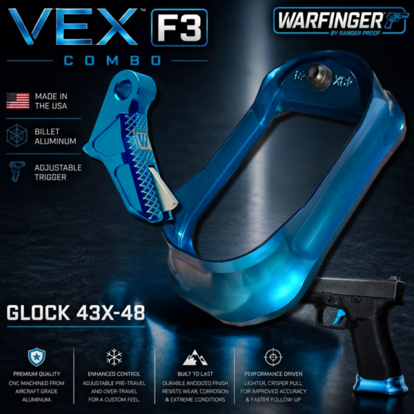 WARFINGER by Ranger Proof for GLOCK 43X/48 ENHANCED SKY AQUA BLUE BILLET ALUMINUM MAGWELL + VEX F3 ADJUSTABLE TRIGGER – FITS OEM FACTORY FRAMES (Copy)
