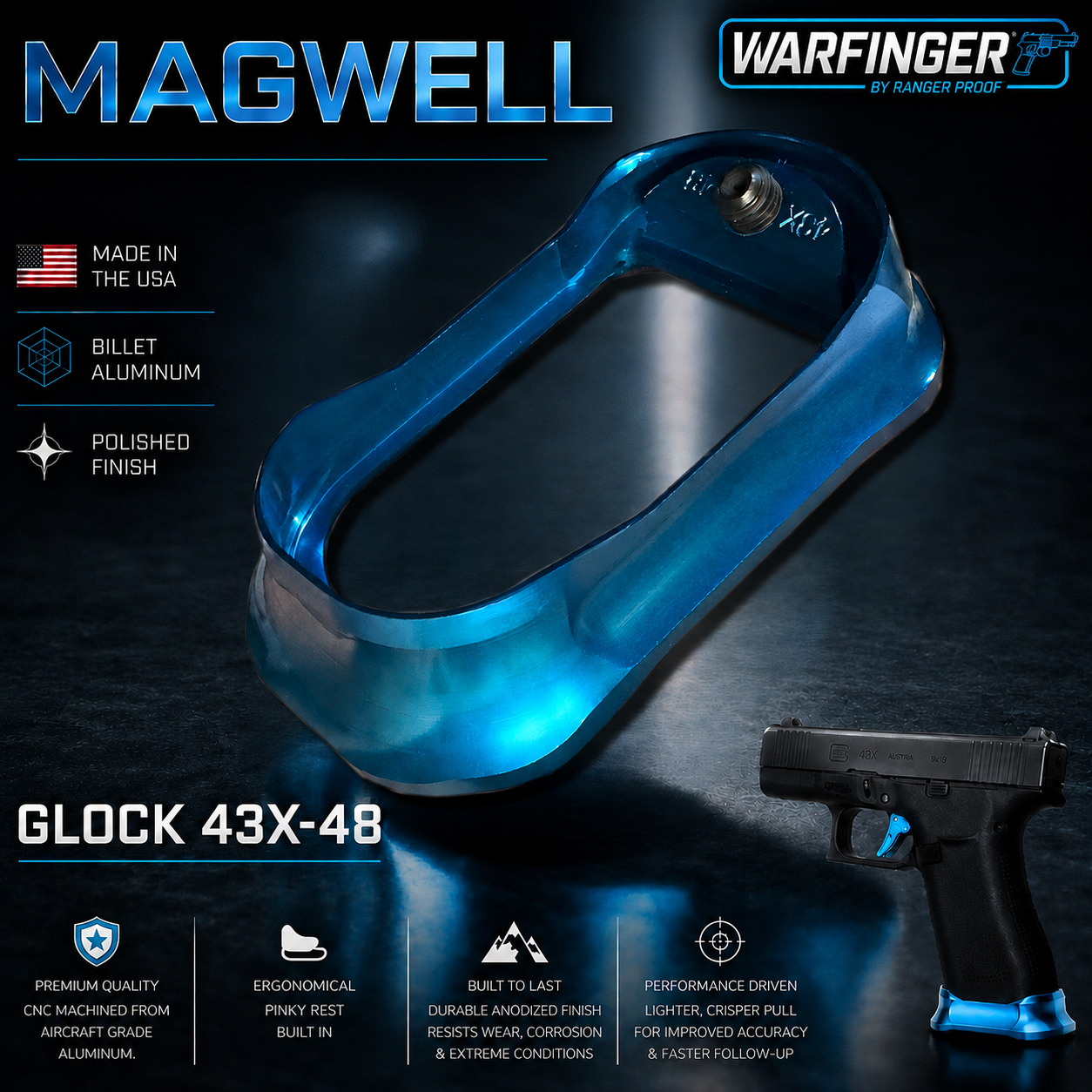 skymagwell WARFINGER by Ranger Proof for GLOCK 43X/48 ENHANCED SKY AQUA BLUE BILLET ALUMINUM MAGWELL – FITS FACTORY FRAMES - Image 1
