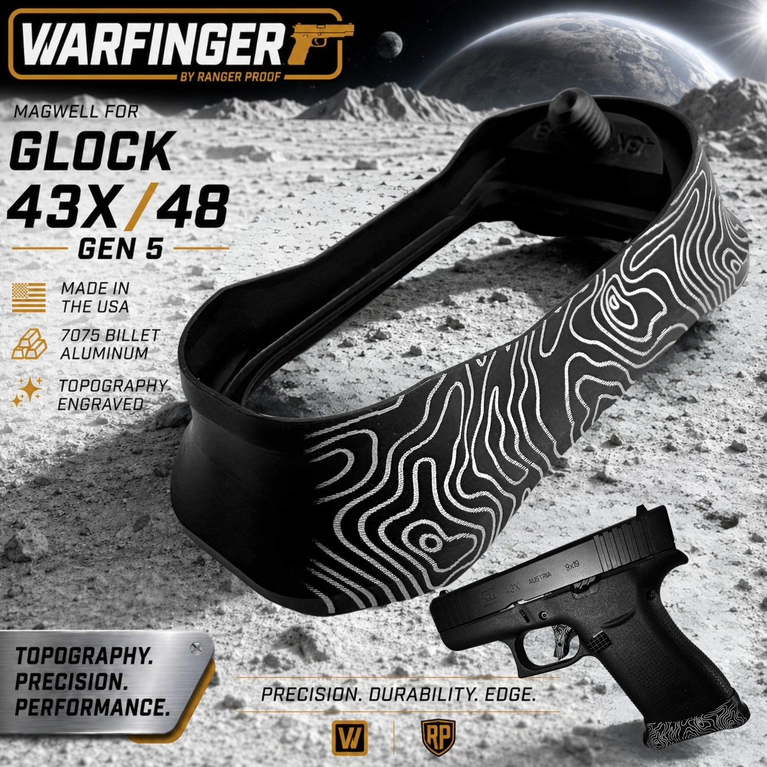 top43mw WARFINGER by Ranger Proof for GLOCK 43x - 48 BLACK TOPOGRAPHY BILLET ALUMINUM MAGWELL – FITS GEN 5 OEM FACTORY FRAMES - Image 1