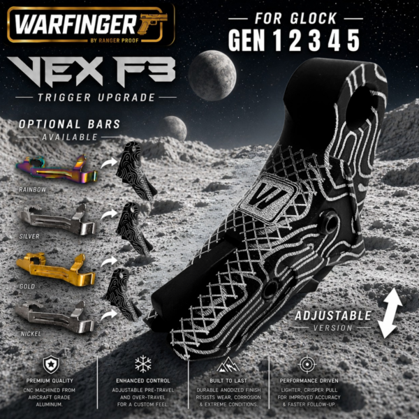 WARFINGER by RANGER PROOF / JOHNNY GLOCK COLLABORATION VEX F3  "BLACK TOPOGRAPHY "ADJUSTABLE VERSION" TRIGGER for GLOCK GEN 1 2 3 4 5 - 17 19 19X 20 21 22 23 24 26 27 31 32 33 34 35 37 36 38 39 43 43x 45 48