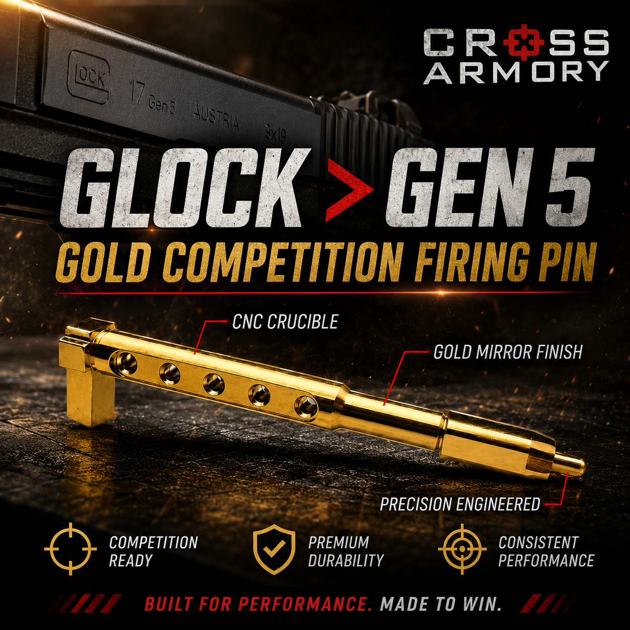 website gen 5 CROSS ARMORY for Glock 19 19x 17 22 23 26 34 45 GEN 5STAINLESS STEEL "SWISS TURNED" Skelton PERFORMANCE GOLD TIN Striker - LIGHTER STRONGER - Image 1