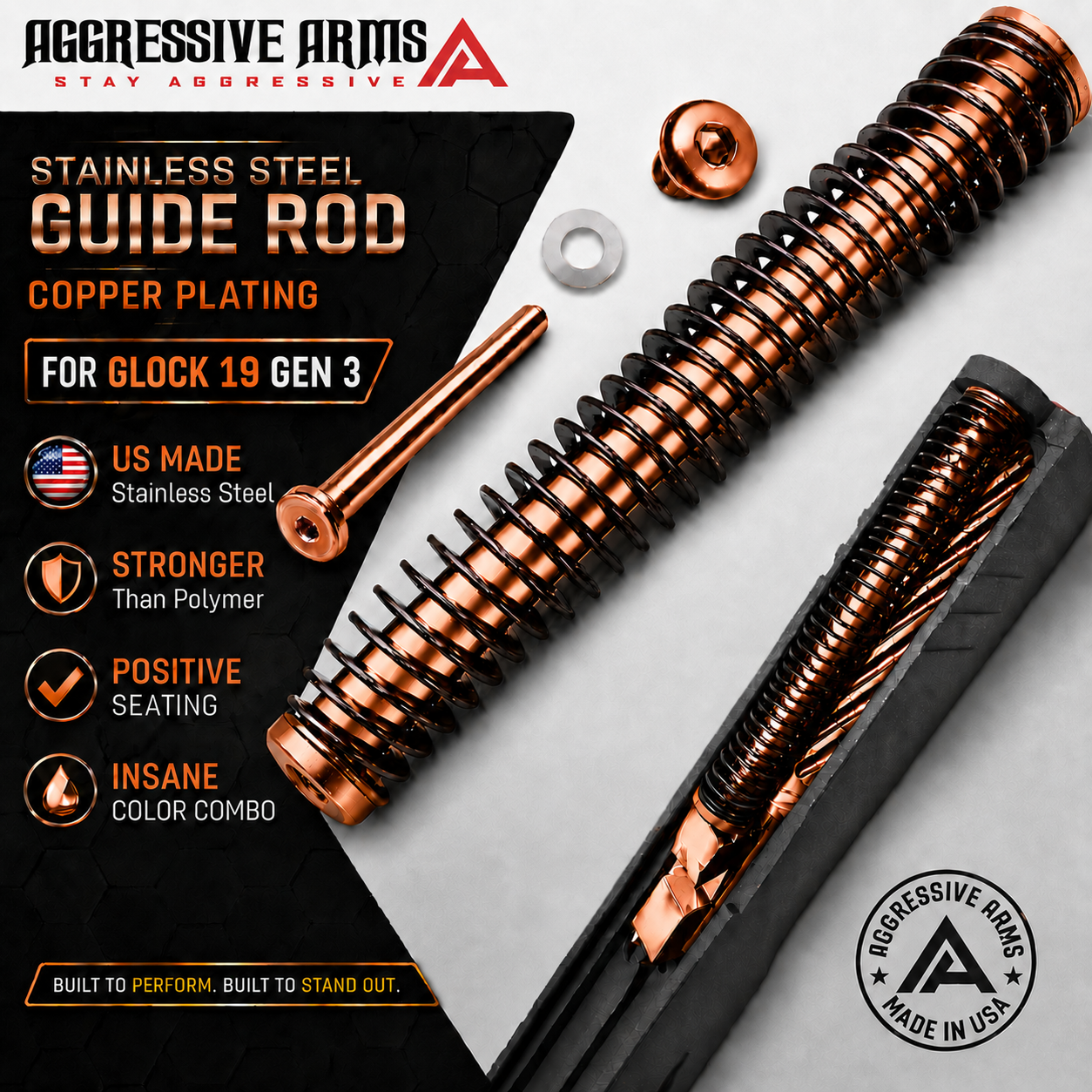 19copper AGGRESSIVE ARMS GUIDE ROD Assembly for GLOCK 19 Gen 3 -18LB Spring - SHINY COPPER PLATING over Stainless Steel - Image 1