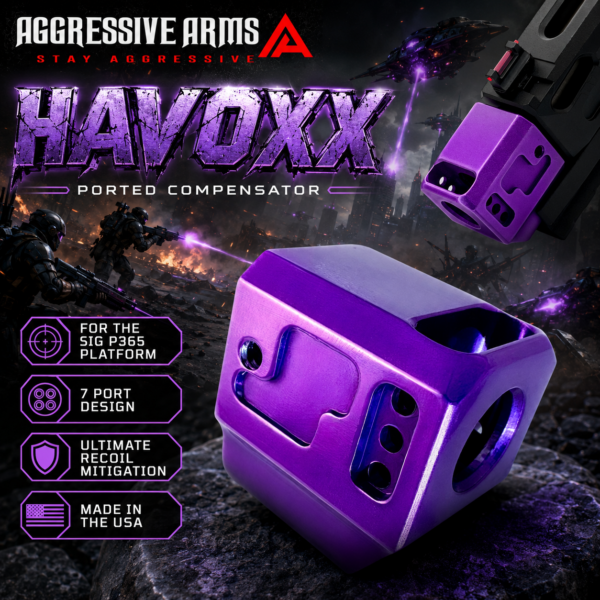 AGGRESSIVE ARMS HAVOXX 7 PORT COMPENSATOR FOR SIG P365 PURPLE - RECOIL REDUCTION - 1/2X28 TPI