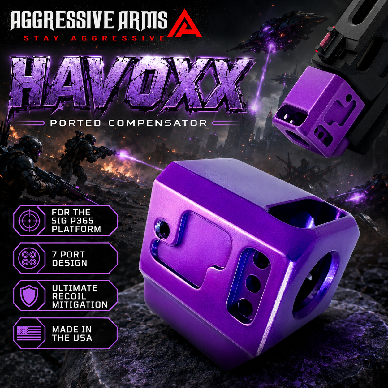 1c178f20-5817-4e7e-aa3d-3d5cfbbf1322 AGGRESSIVE ARMS HAVOXX 7 PORT COMPENSATOR FOR SIG P365 PURPLE - RECOIL REDUCTION - 1/2X28 TPI - Image 1