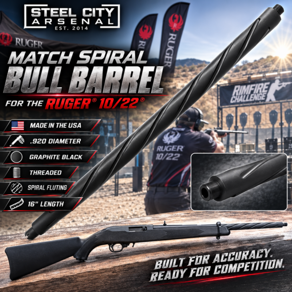 Steel City Arsenal MATCH Spiral Fluted BULL Barrel for the 10/22 - Threaded - GRAPHITE BLACK