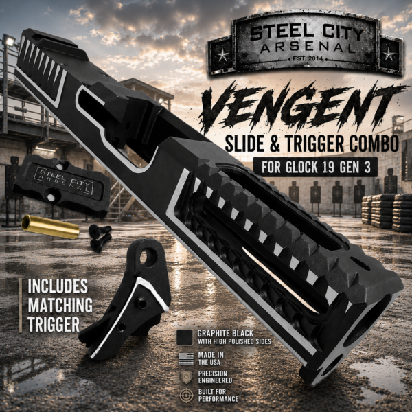 STEEL CITY ARSENAL VENGENT - FLUTED - GRAPHITE BLACK with CUSTOM POLISHED EDGES - SLIDE - MATCHING TRIGGER  & RMR COVER PLATE FOR GLOCK 19 GEN 3