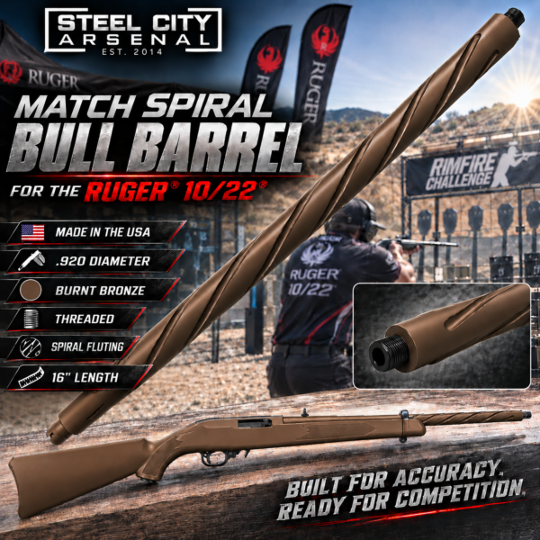 Steel City Arsenal MATCH Spiral Fluted BULL Barrel for the 10/22 - Threaded - BURNT BRONZE