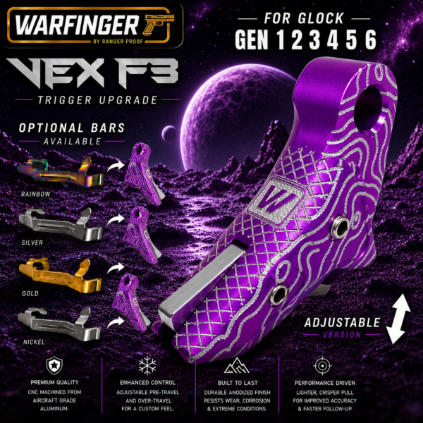WARFINGER by RANGER PROOF / JOHNNY GLOCK COLLABORATION VEX F3  PURPLE TOPOGRAPHY ADJUSTABLE VERSION TRIGGER for GLOCK GEN 1 2 3 4 5 6 - 17 19 19X 20 21 22 23 24 26 27 31 32 33 34 35 37 36 38 39 43 43x 45 48
