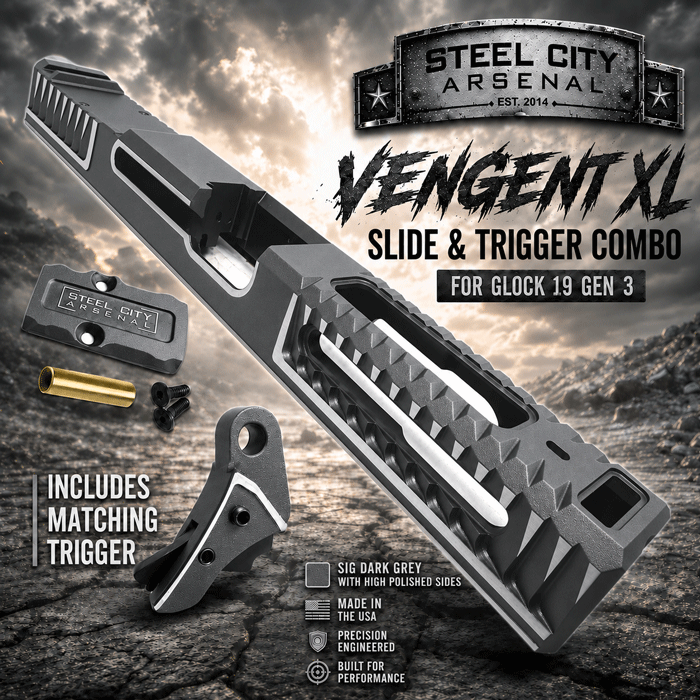 3f19358e-a90c-4cae-99b9-60d83ba0e22a STEEL CITY ARSENAL VENGENT XL - BIG FRONT PORT FLUTED - SIG DARK GREY with CUSTOM POLISHED EDGES - EXTENDED SLIDE - MATCHING TRIGGER & RMR COVER PLATE FOR GLOCK 19 GEN 3 - Image 1