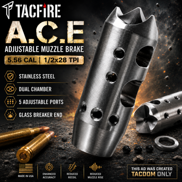 TACFIRE A.C.E. ADJUSTABLE MUZZLE BRAKE in STAINLESS STEEL Comp .223 5.56 1x28 TPI Thread - FOR AR15 AND OTHERS