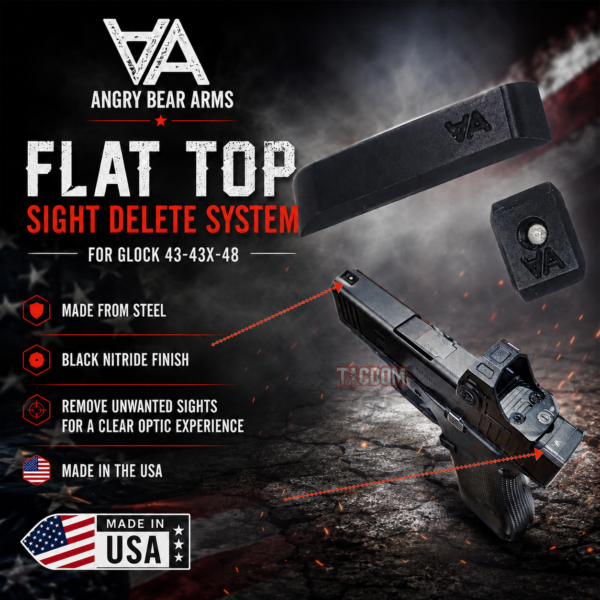 ANGRY BEAR ARMS - FLAT TOP + FRONT & REAR SIGHT DELETE SYSTEM - FOR GLOCK 42 43 43X 48 - CLEANER OPTIC LINE - STAINLESS STEEL BLACK NITRIDE