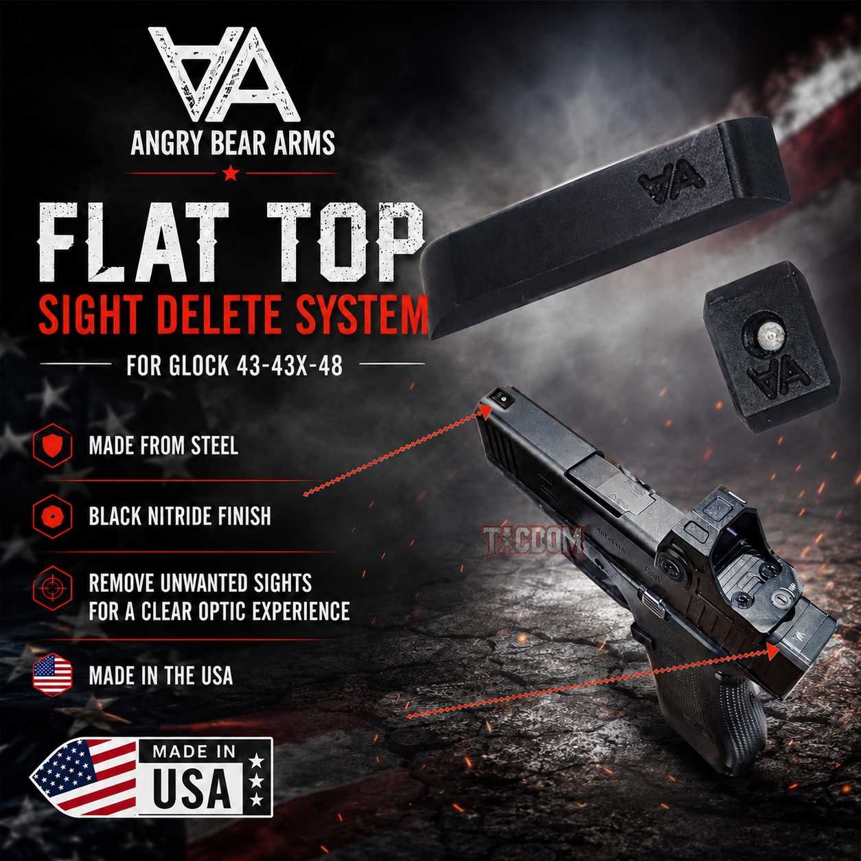 43xdlete ANGRY BEAR ARMS - FLAT TOP + FRONT & REAR SIGHT DELETE SYSTEM - FOR GLOCK 42 43 43X 48 - CLEANER OPTIC LINE - STAINLESS STEEL BLACK NITRIDE - Image 1
