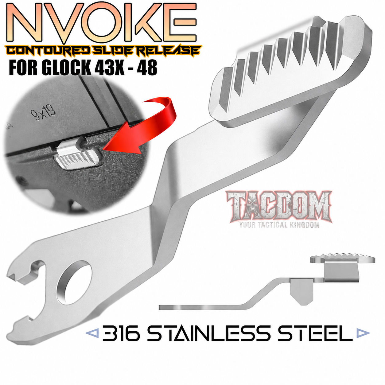 65b427f9-b9a4-4b0e-92d3-81558482cb83 NVOKE For GLOCK 43X 48 CONTOURED EXTENDED RELEASE - 316 STAINLESS SILVER OXIDE - Image 1
