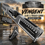STEEL CITY ARSENAL VENGENT - FLUTED - SIG DARK GREY with CUSTOM POLISHED EDGES - SLIDE - MATCHING TRIGGER  & RMR COVER PLATE FOR GLOCK 19 GEN 3
