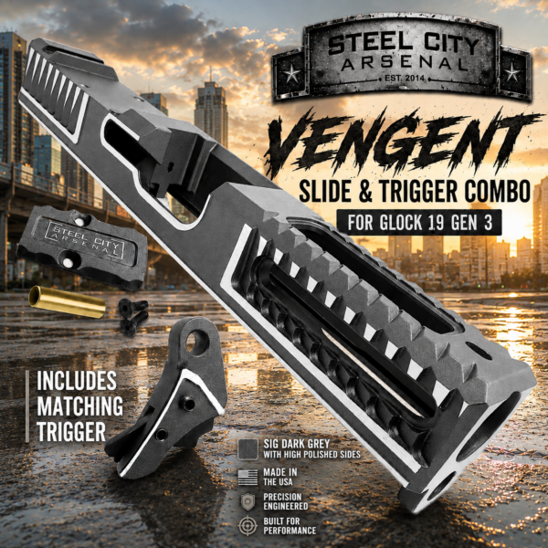 STEEL CITY ARSENAL VENGENT - FLUTED - SIG DARK GREY with CUSTOM POLISHED EDGES - SLIDE - MATCHING TRIGGER  & RMR COVER PLATE FOR GLOCK 19 GEN 3