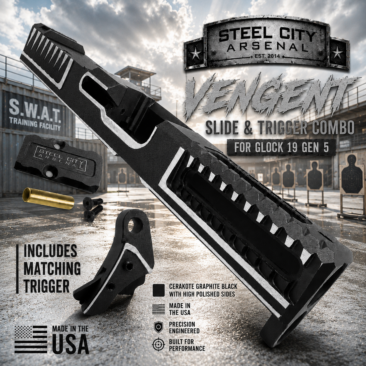 926cedd5-75fc-4ba3-b26e-bca351d2af53 STEEL CITY ARSENAL VENGENT - FLUTED - GRAPHITE BLACK with CUSTOM POLISHED EDGES - SLIDE - MATCHING TRIGGER & RMR COVER PLATE FOR GLOCK 19 GEN 5 - Image 1