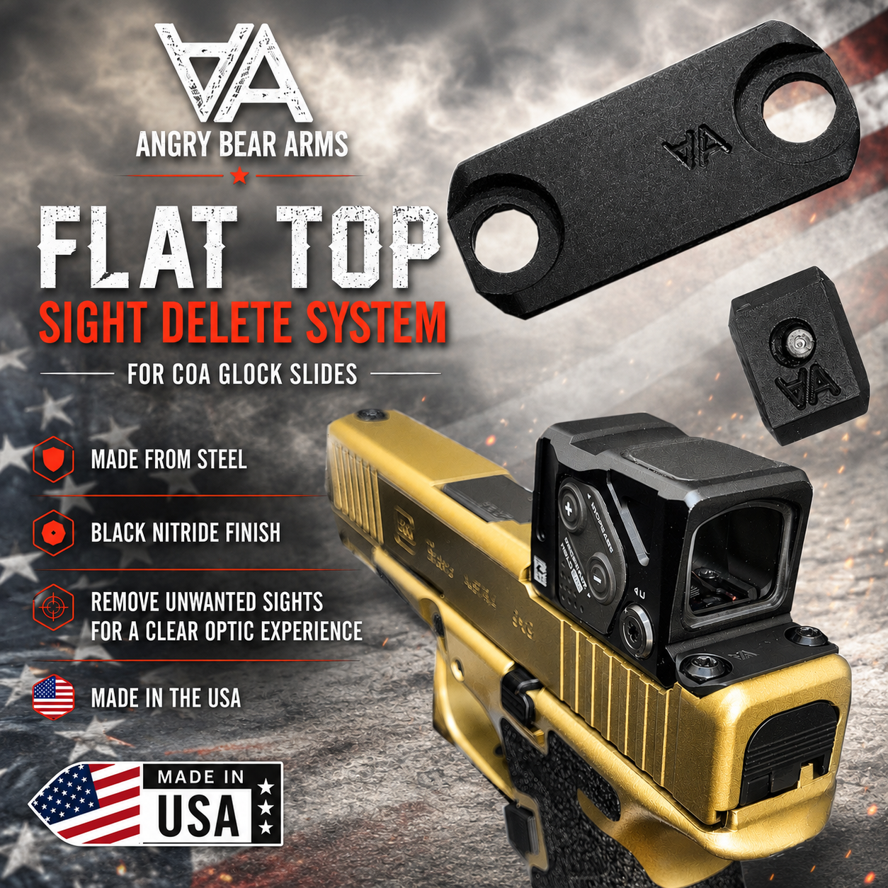 COA ANGRY BEAR ARMS - FLAT TOP + FRONT & REAR SIGHT DELETE SYSTEM - FOR COA FULL SIZE GLOCK SLIDES - CLEANER OPTIC LINE - STAINLESS STEEL BLACK NITRIDE - Image 1