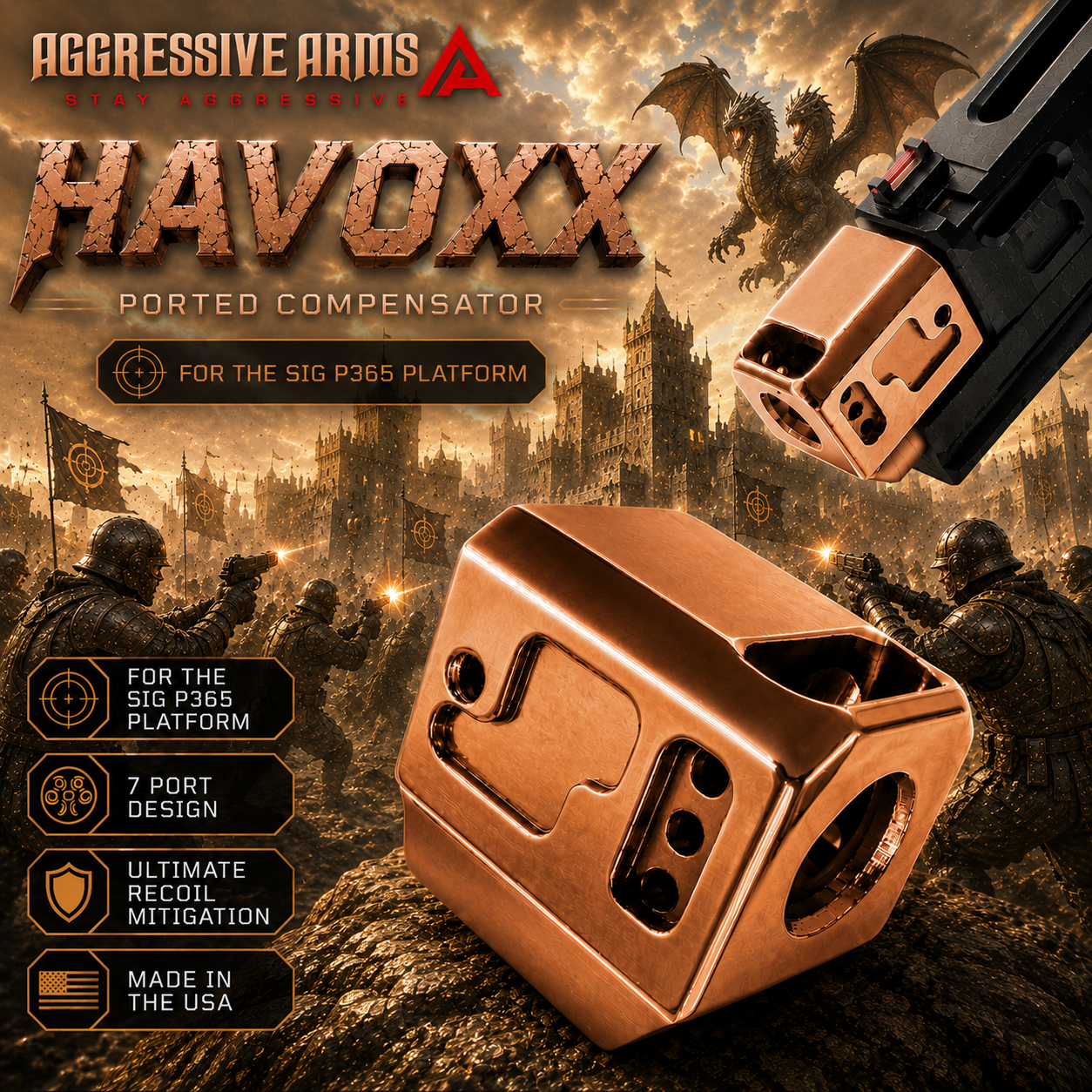 D1802CBA-0DEB-415C-9796-31F0481C07B1 AGGRESSIVE ARMS HAVOXX 7 PORT COMPENSATOR FOR SIG P365 COPPER - RECOIL REDUCTION - 1/2X28 TPI - Image 1
