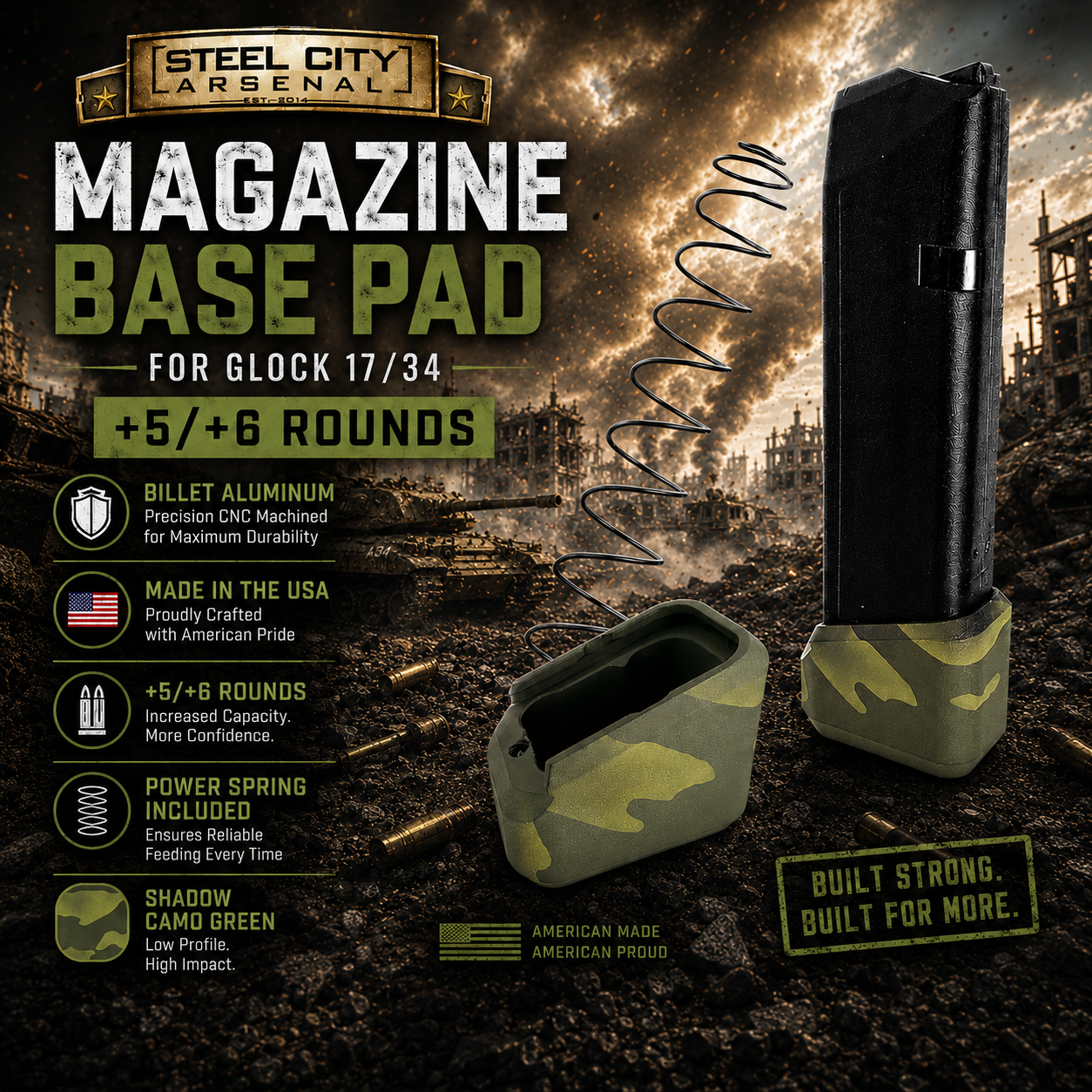 GREEN FOR WEB STEEL CITY ARSENAL LIMITED EDITION +5/+6 ROUND MAGAZINE EXTENSION IN SHADOW GREEN CAMO BASE PAD FOR GLOCK 17 34 - Image 1
