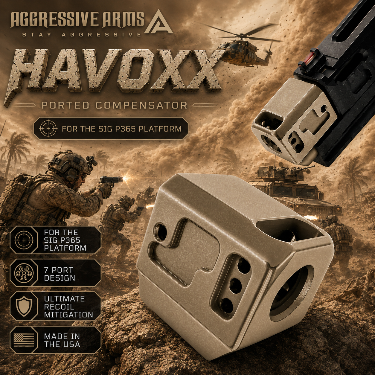 IMG_1043 AGGRESSIVE ARMS HAVOXX 7 PORT COMPENSATOR FOR SIG P365 FDE TAN - RECOIL REDUCTION - 1/2X28 TPI - Image 1