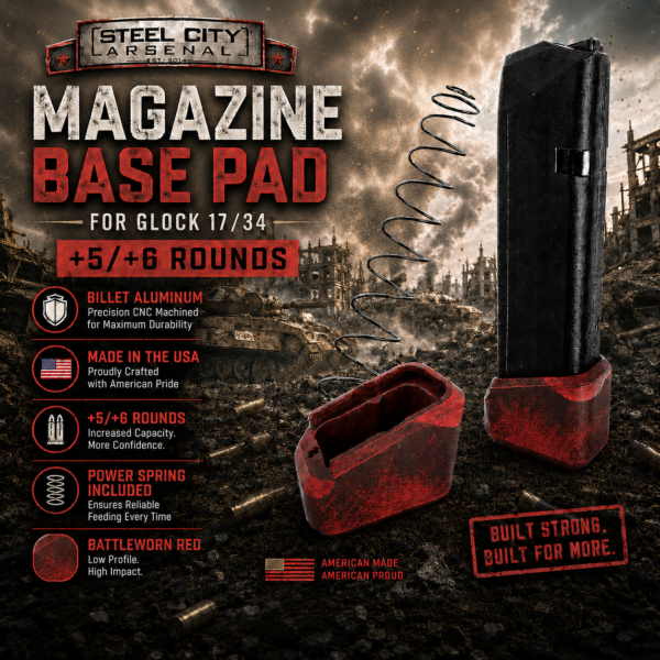 STEEL CITY ARSENAL LIMITED EDITION +5/+6 ROUND MAGAZINE EXTENSION IN BATTLE WORN RED BASE PAD FOR GLOCK 17 34