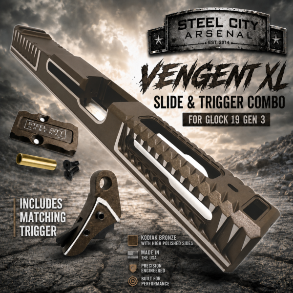 STEEL CITY ARSENAL VENGENT XL - BIG FRONT PORT FLUTED - KODIAK BRONZE with CUSTOM POLISHED EDGES - EXTENDED SLIDE - MATCHING TRIGGER  & RMR COVER PLATE FOR GLOCK 19 GEN 3 (Copy)