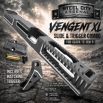STEEL CITY ARSENAL VENGENT XL - BIG FRONT PORT FLUTED - SIG DARK GREY with CUSTOM POLISHED EDGES - EXTENDED SLIDE - MATCHING TRIGGER  & RMR COVER PLATE FOR GLOCK 19 GEN 5