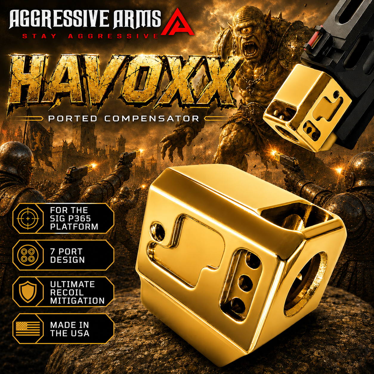 b534f53a-5482-417b-82b8-fdb4e1e72796 AGGRESSIVE ARMS HAVOXX 7 PORT COMPENSATOR FOR SIG P365 GOLD - RECOIL REDUCTION - 1/2X28 TPI - Image 1